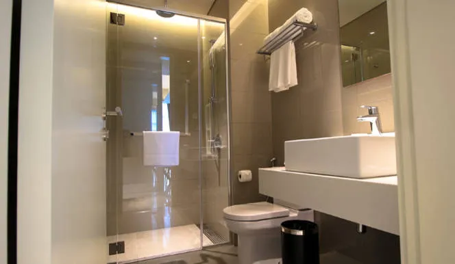 Executive Suite: Bathroom with a glass shower, vanity basin and towel rack